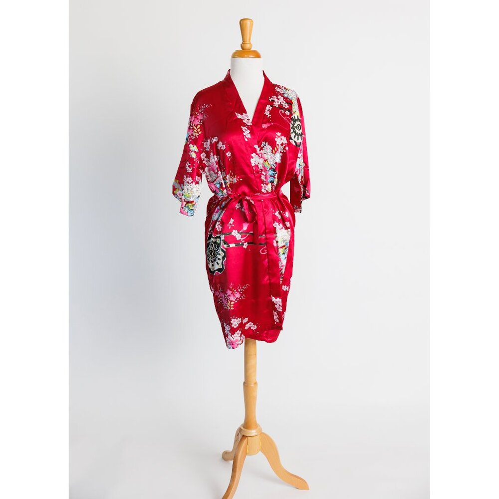 Chinese dressing robe, floral print red short dressing robe, 100% cotton